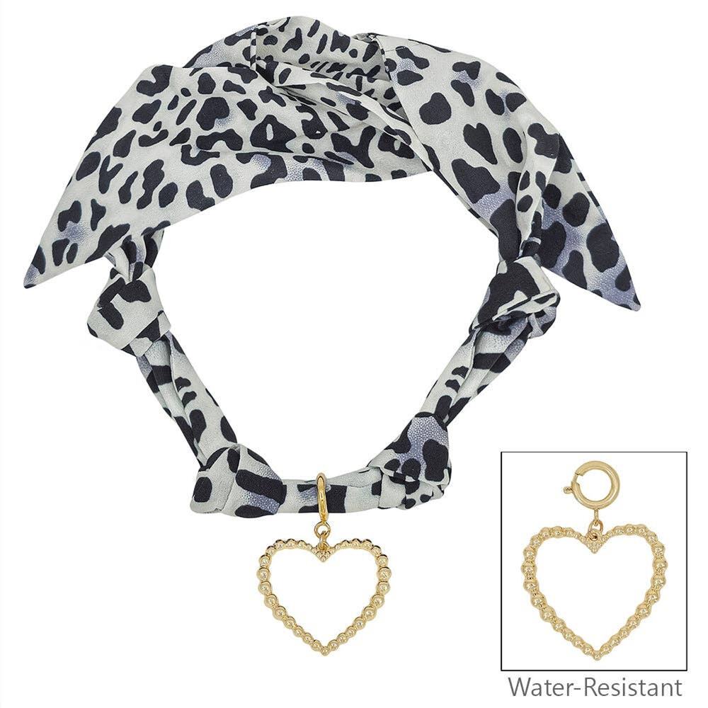 White Cheetah Print Scarf Necklace | Open Heart Charm Accent